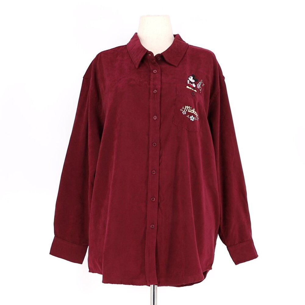 DISNEY Women's Button Front Top Mickey Floral Embroidered in Burgundy Size 1X